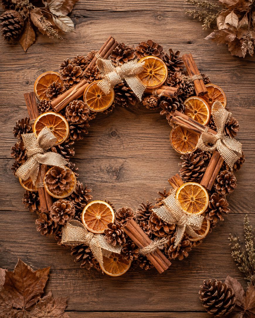 A rustic wreath made of pinecones, dried orange slices, cinnamon sticks, and burlap bows sits on a wooden surface with autumn leaves and dried flowers around it.