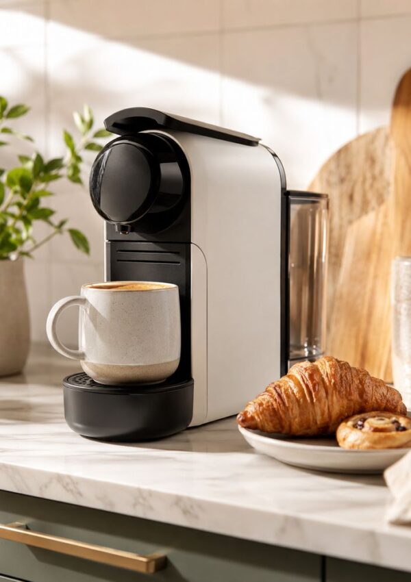 A white coffee machine brews coffee into a mug on a kitchen counter, with a plate holding a croissant and a pastry beside it. Sunlight streams in, and plants and cutting boards are in the background.
