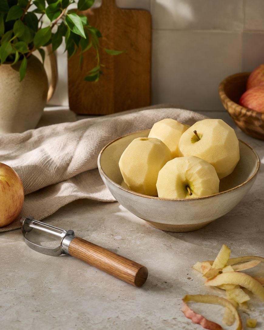 A bowl of peeled apples sits on a counter with an apple peeler, apple peels, a whole apple, and a kitchen towel nearby; sunlight streams in, creating a warm, cozy kitchen scene.