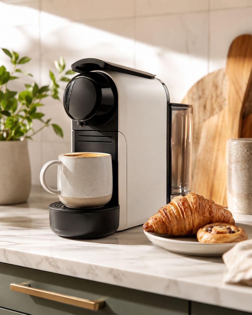 A white coffee machine brews coffee into a mug on a kitchen counter next to a plate with a croissant and pastry. Nearby are plants, a cutting board, and soft natural light fills the scene.