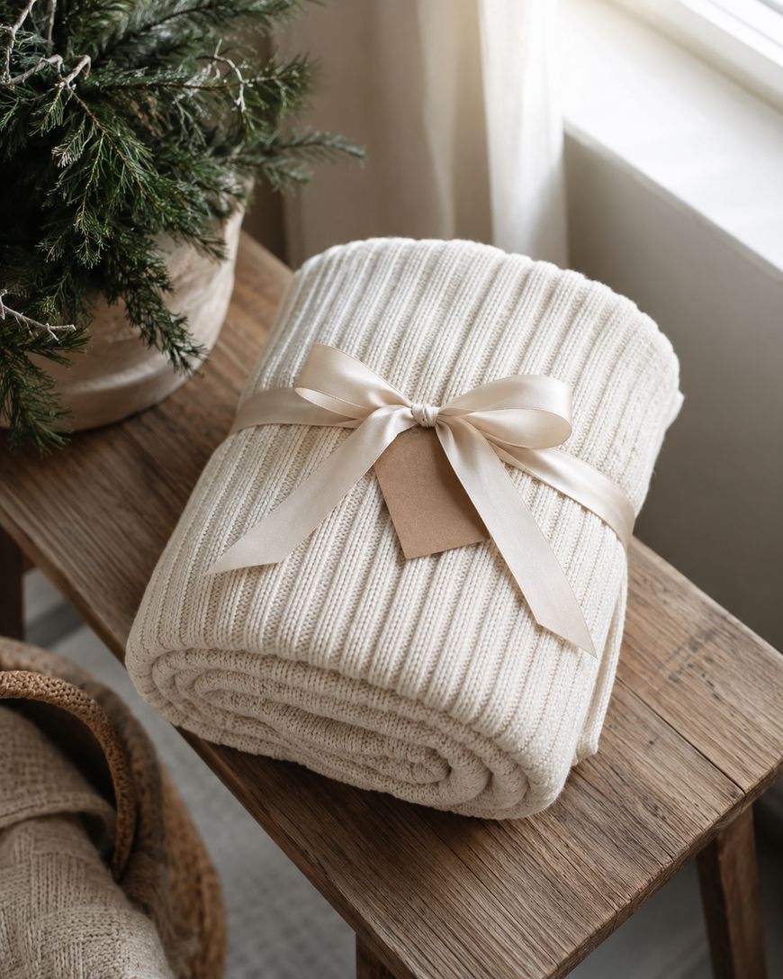 A cream-colored knit blanket rolled up and tied with a satin ribbon and gift tag, placed on a wooden bench next to a potted evergreen plant near a window.