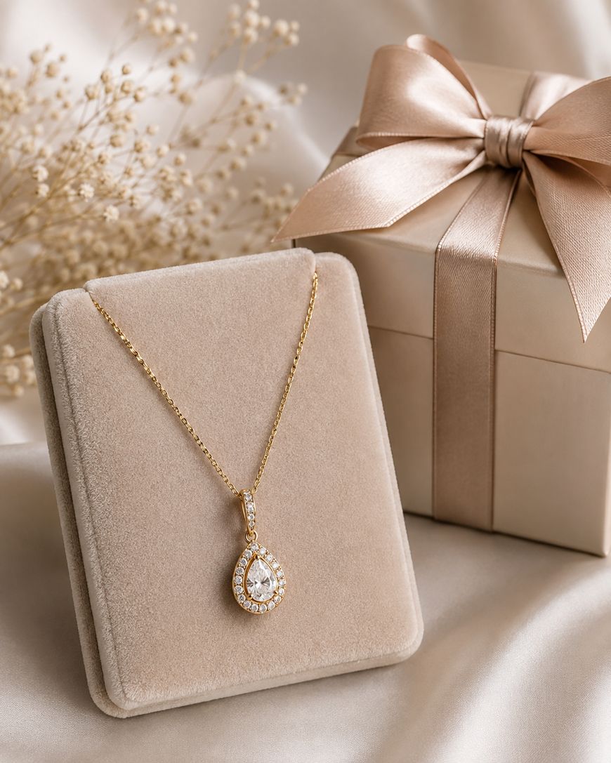 Gold necklace with a teardrop-shaped diamond pendant displayed on a velvet stand, next to a beige gift box tied with a satin ribbon, all placed on a silky fabric background. Dried flowers are blurred in the background.