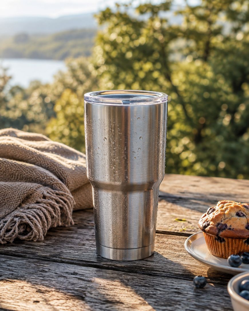 A stainless steel tumbler with condensation sits on a wooden table outdoors, next to a beige blanket and a blueberry muffin, with trees and a lake in the background.