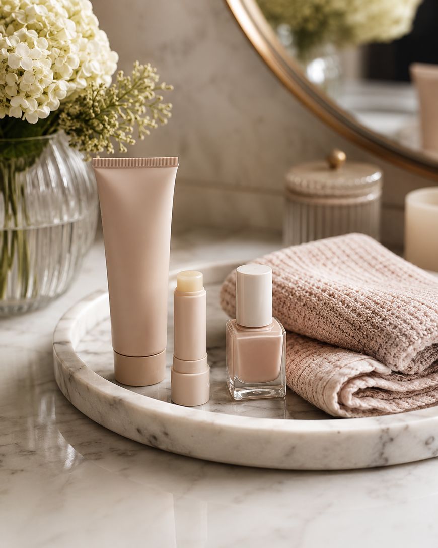 Skincare products, lip balm, nail polish, and folded pink towels on a round marble tray. Flowers in a vase and a candle are in the background on a marble countertop.