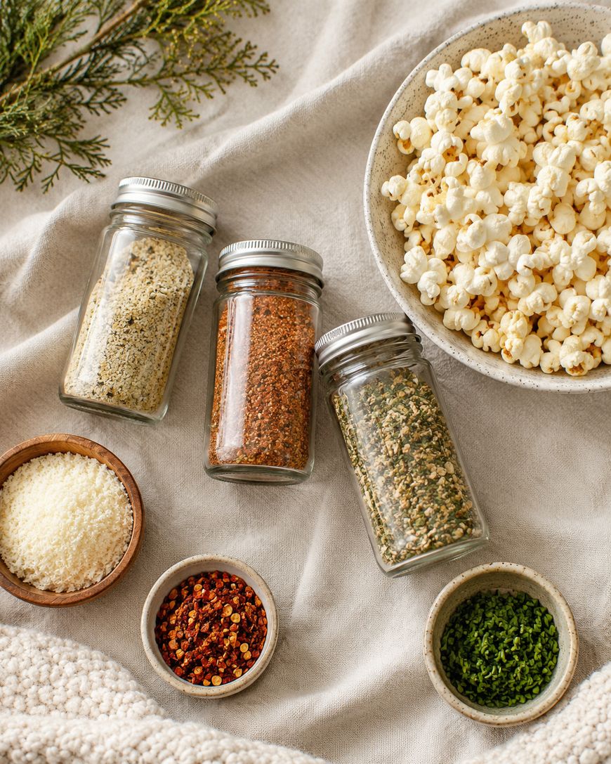 A bowl of popcorn next to three spice jars, bowls of grated cheese, red pepper flakes, chopped herbs, and greenery on a beige cloth.