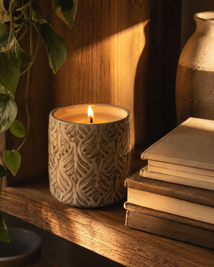 A lit candle in a decorative holder sits on a wooden shelf next to stacked books and a ceramic vase, with sunlight streaming in and leaves hanging nearby.