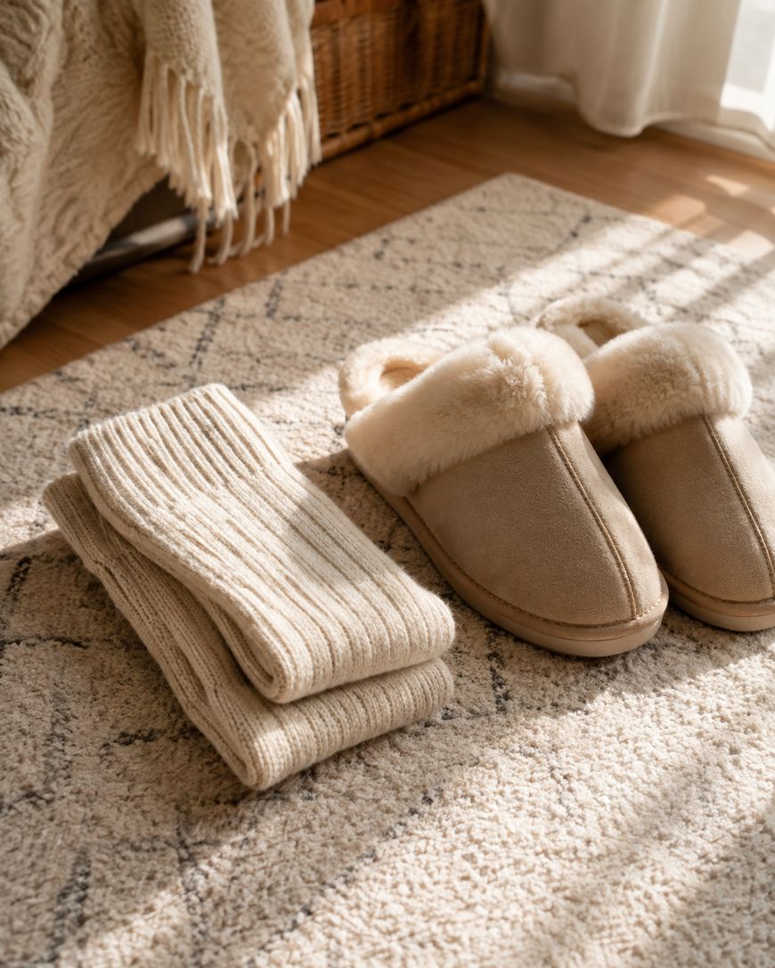 Beige knit socks and tan fuzzy slippers rest on a cream-colored patterned rug in a sunlit, cozy room with a blanket and wicker basket in the background.