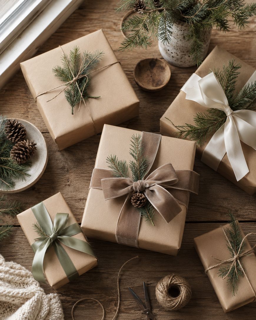 Gift boxes wrapped in brown paper and decorated with pine branches, pinecones, and ribbons sit on a wooden table with twine, scissors, and a small floral vase nearby.