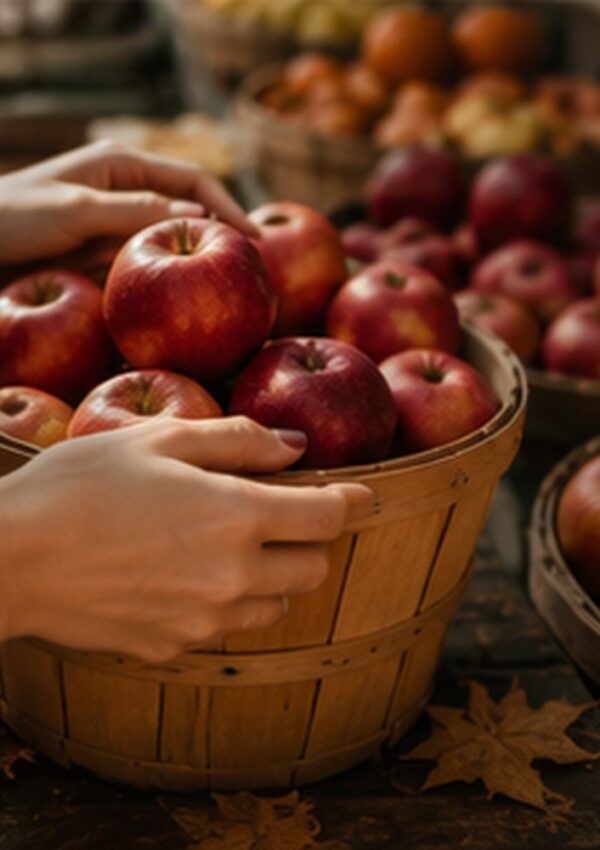 A persons hands are placing red apples into a wooden basket filled with apples. More apples and fall leaves are visible on a rustic table in the background.
