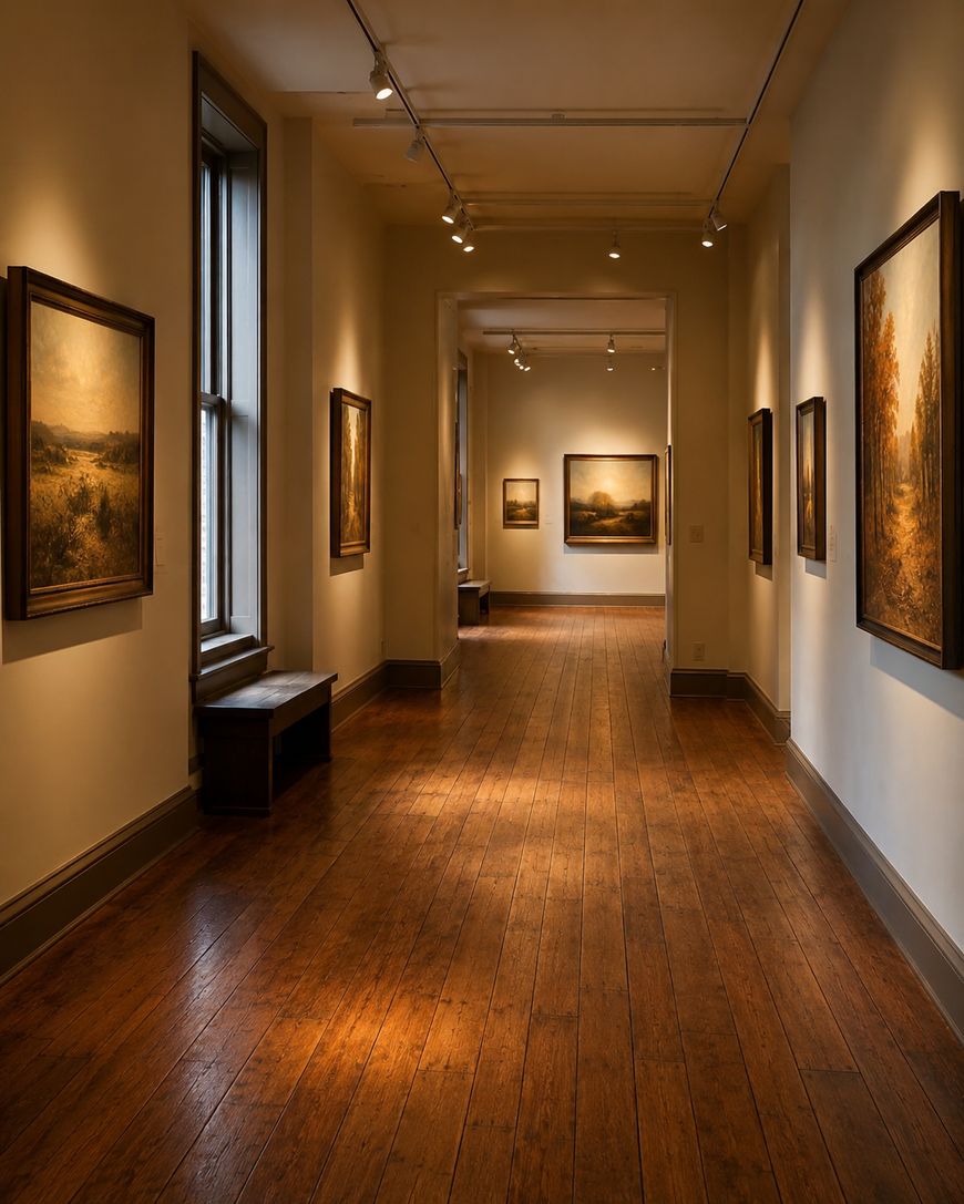 A quiet art gallery hallway with wooden floors, cream walls, and landscape paintings hanging on both sides under soft lighting. A bench sits beside a tall window on the left.