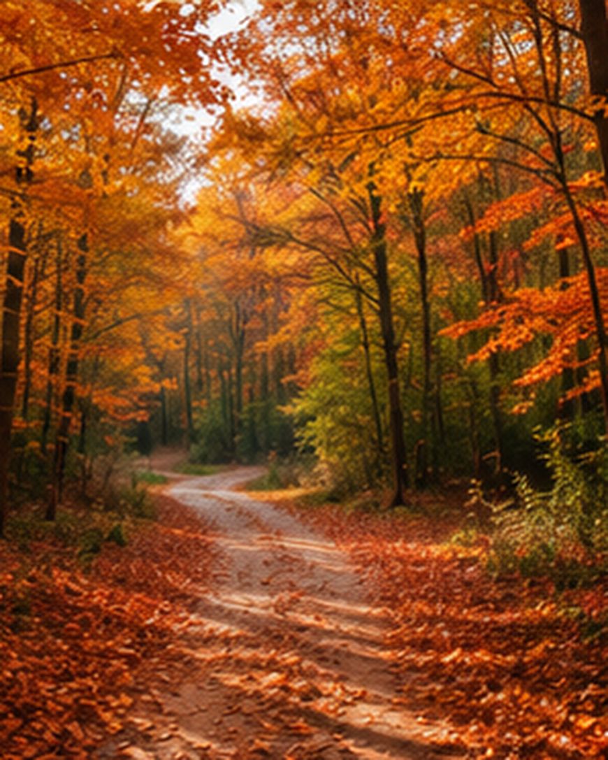 A winding dirt path curves through a forest with trees covered in vibrant orange and yellow autumn leaves. Fallen leaves blanket the ground, and sunlight filters softly through the canopy above.
