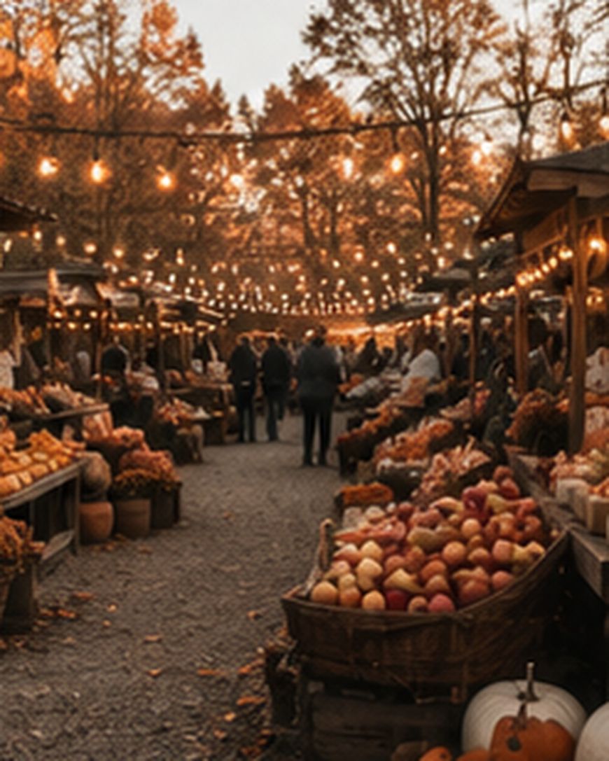 A cozy outdoor market in autumn with string lights overhead, wooden stalls filled with apples and pumpkins, and people browsing along a gravel path lined with colorful fall produce.