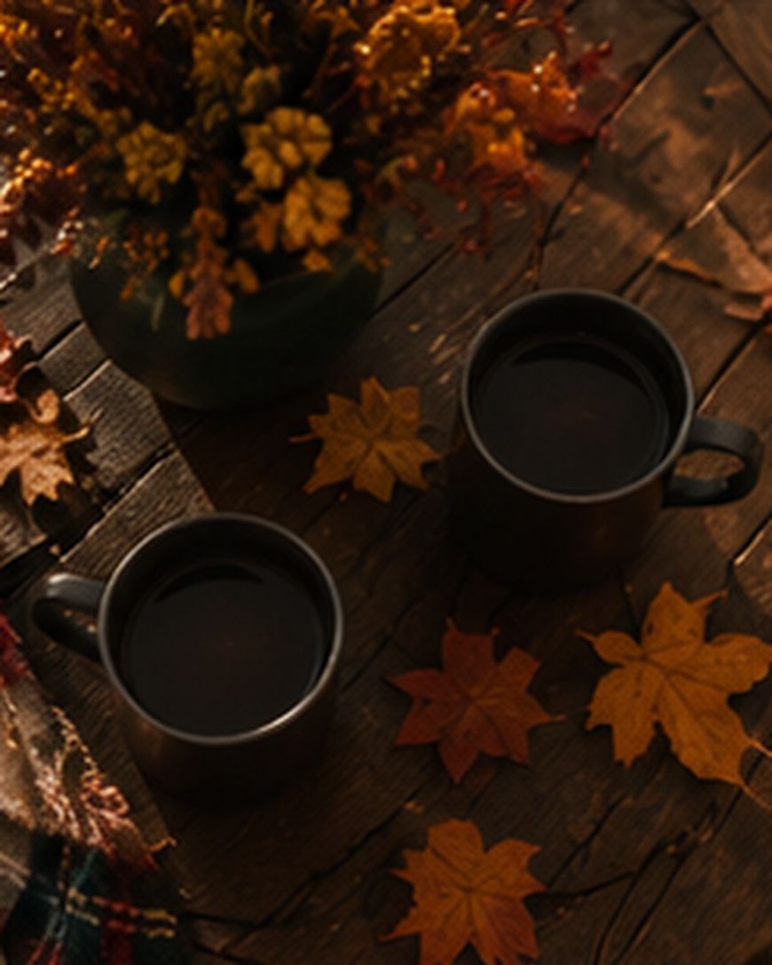 Two black mugs filled with coffee sit on a wooden table surrounded by autumn leaves, a cozy plaid blanket, and a vase of fall flowers, creating a warm, autumnal atmosphere.