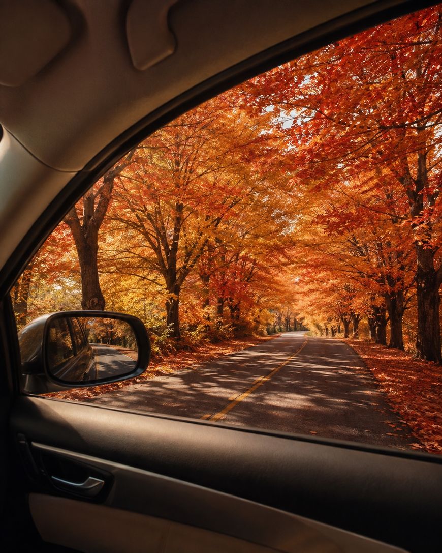 A view from inside a car looking out at a scenic road lined with trees covered in vibrant orange autumn leaves.