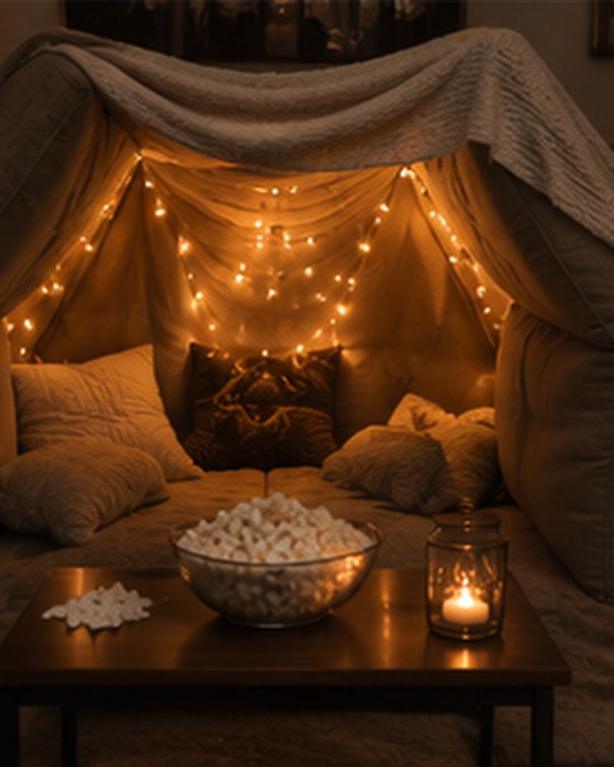 A cozy blanket fort with pillows and string lights inside. In front, a wooden table holds a bowl of marshmallows, a small pile of marshmallows, and a lit candle in a glass holder.
