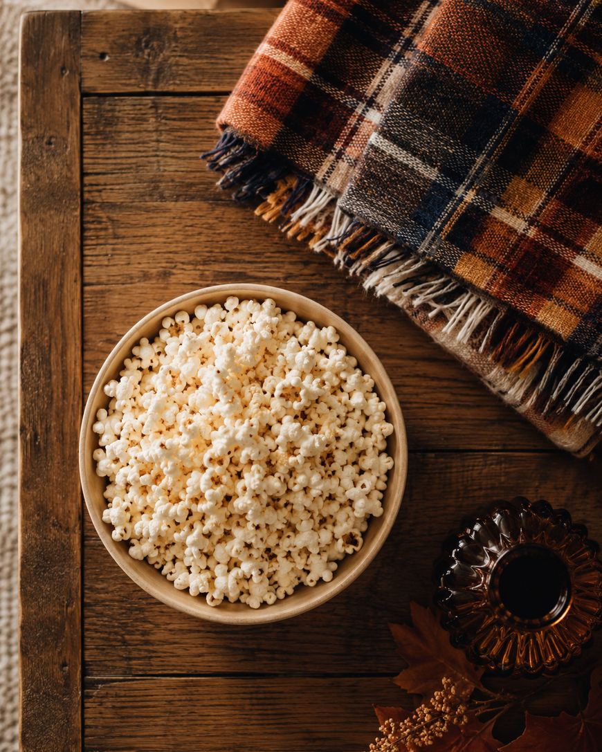 A bowl of popcorn sits on a rustic wooden table next to a folded plaid blanket and a small dark glass vase with autumn leaves.
