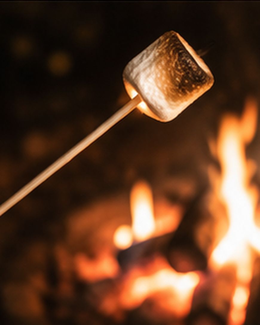 A toasted marshmallow on a wooden skewer is held over a glowing campfire, with flames and logs blurred in the background.