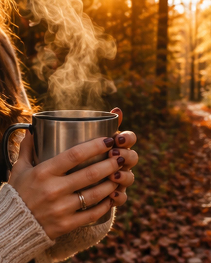 A person wearing a cozy sweater holds a steaming metal mug with both hands in a sunlit autumn forest, fallen leaves covering the ground.