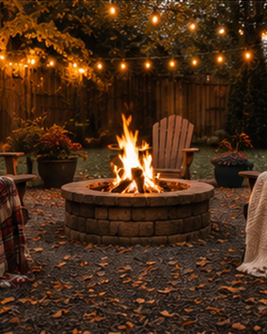 A stone fire pit with a bright fire is surrounded by Adirondack chairs and cozy blankets. String lights glow overhead, and autumn leaves cover the ground in a backyard setting.