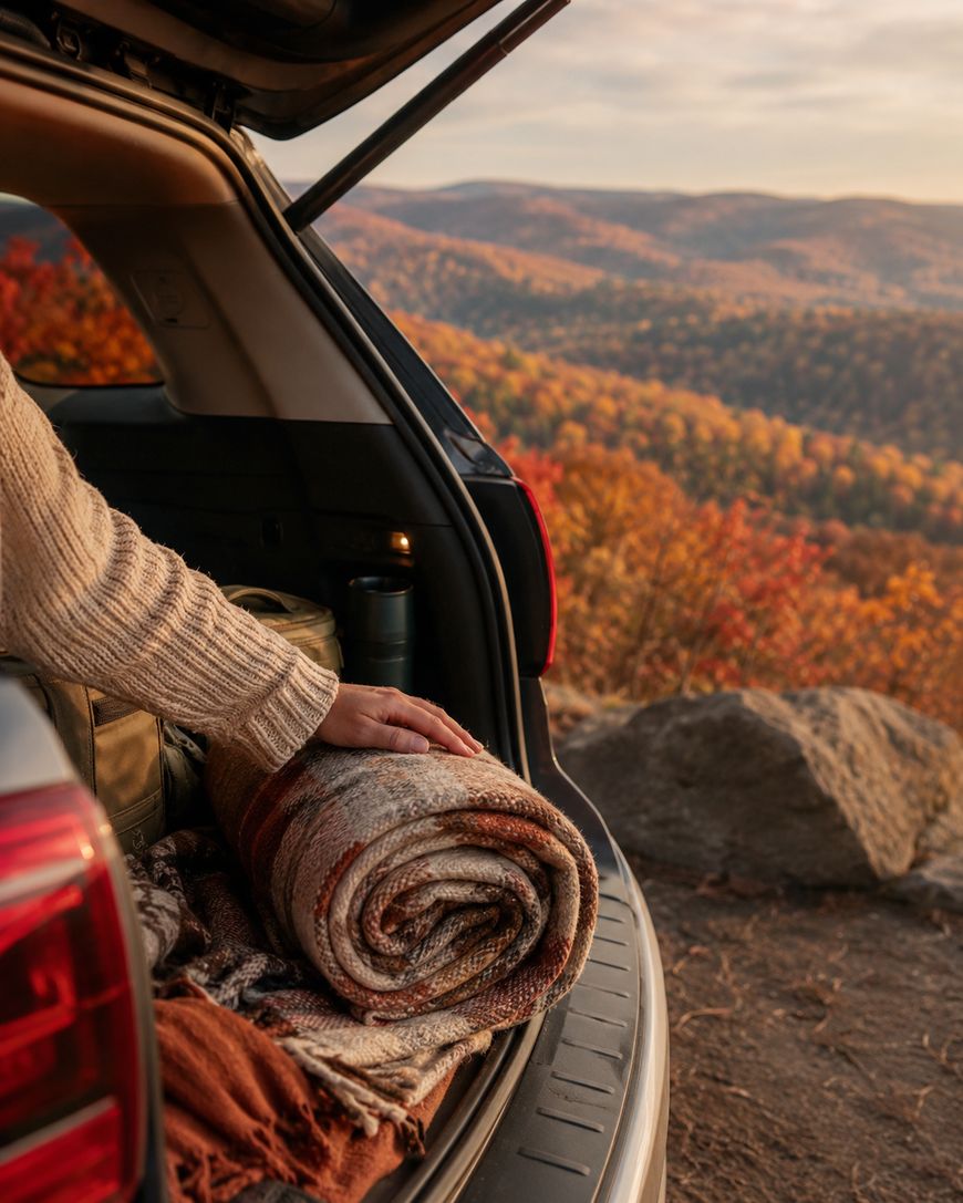 A person places a rolled blanket in the open trunk of a car, overlooking a scenic, autumn forest landscape with colorful trees and distant hills.