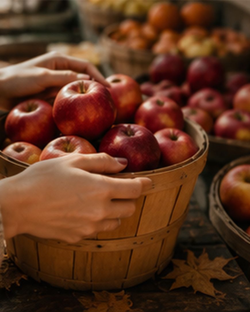 Hands picking red apples from a wooden basket, with more apples and autumn leaves scattered around on a rustic table.