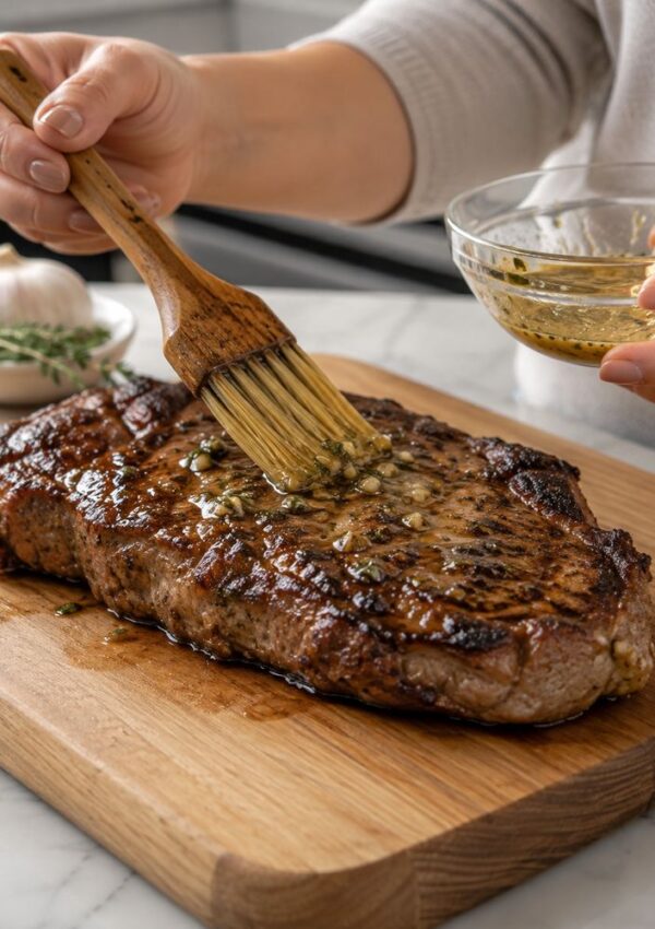 A person brushes sauce onto a cooked steak resting on a wooden cutting board, with a bowl of sauce and garlic visible in the background.