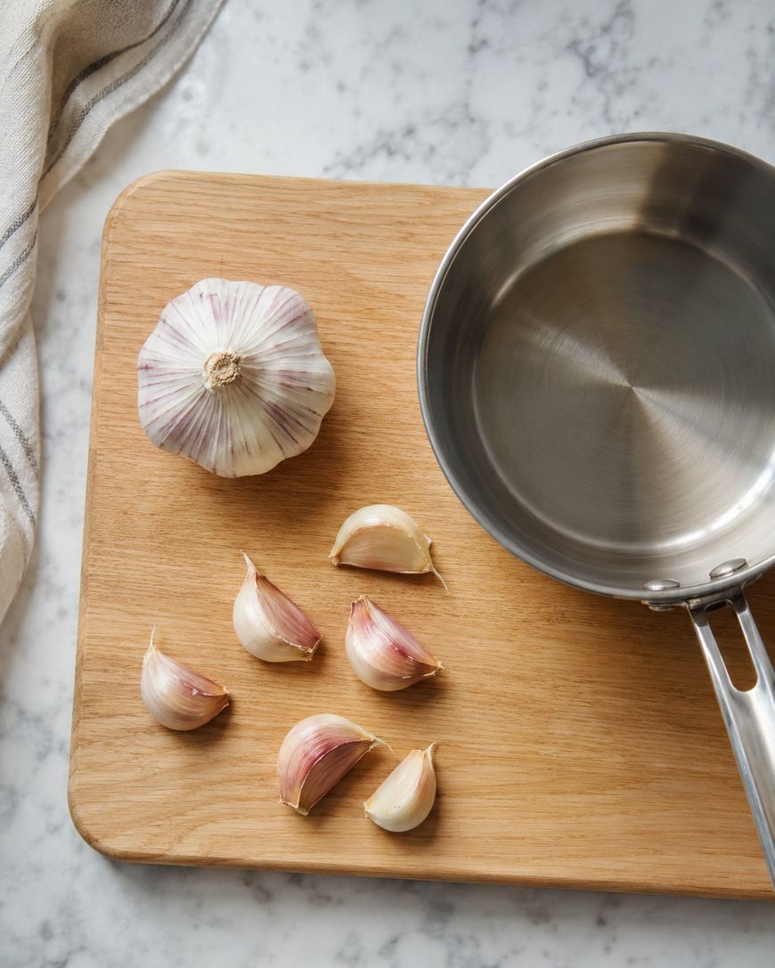 A whole garlic bulb, several separated garlic cloves, and a small empty saucepan rest on a wooden cutting board atop a marble countertop.