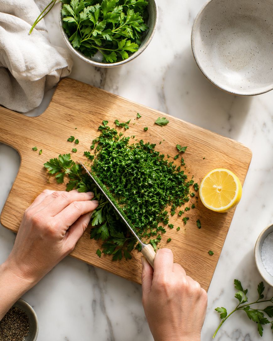 A person chops fresh parsley on a wooden cutting board next to a halved lemon, bowls of herbs, and a towel, all set on a marble countertop.