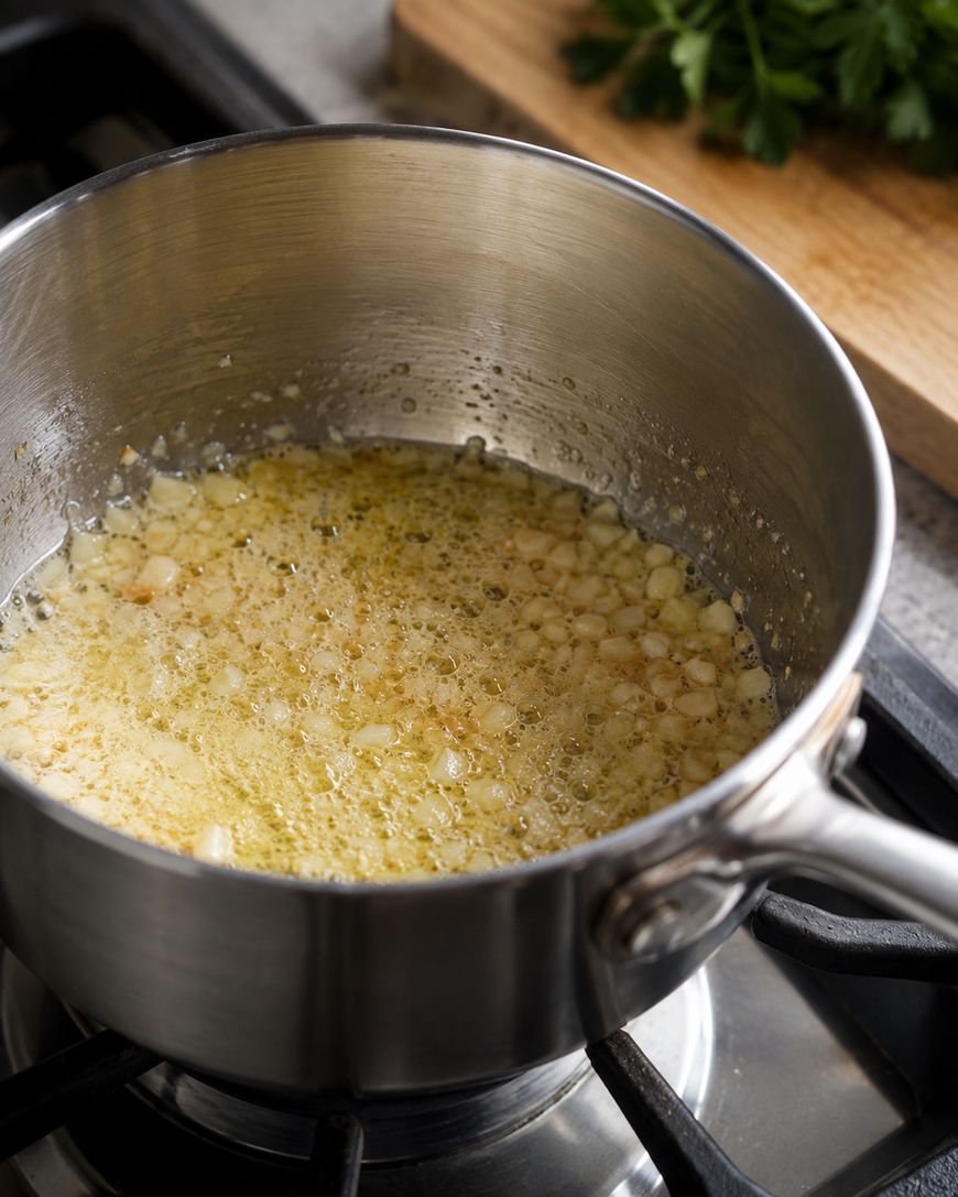 Chopped garlic sautéing in melted butter inside a stainless steel saucepan on a stove, with parsley visible in the background.