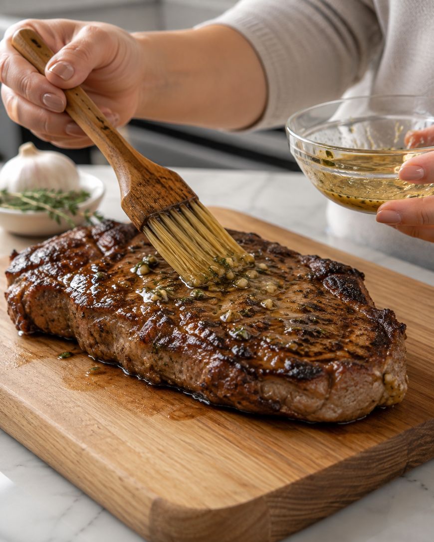 A person brushes herb butter onto a grilled steak resting on a wooden cutting board, with a bowl of sauce in hand and garlic and herbs in the background.