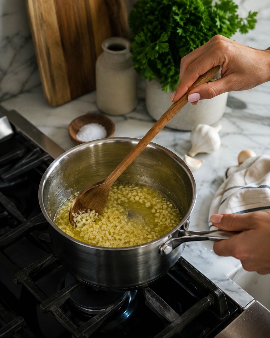 A person stirs minced garlic in melted butter in a pot on a stove, with fresh herbs, salt, and garlic cloves nearby on a marble countertop.