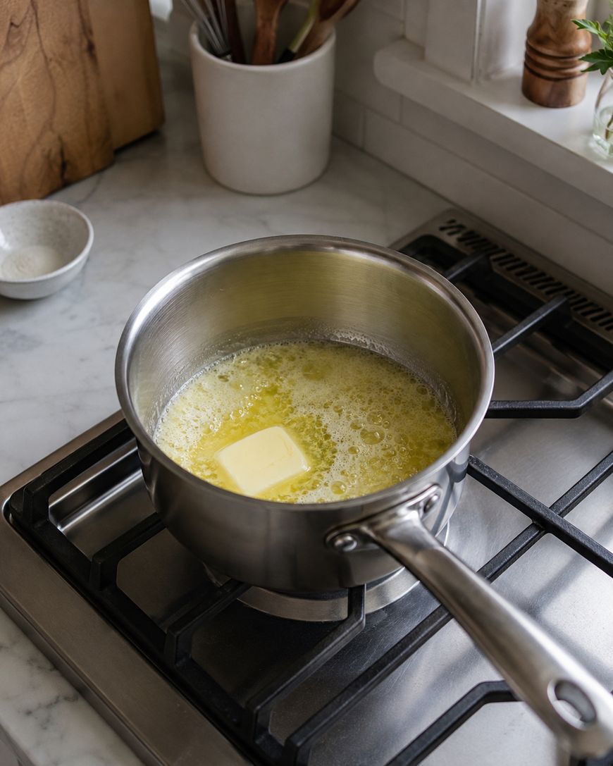 A stainless steel saucepan with melting butter sits on a stove burner, in a modern kitchen with a marble countertop and utensils in a pot nearby.