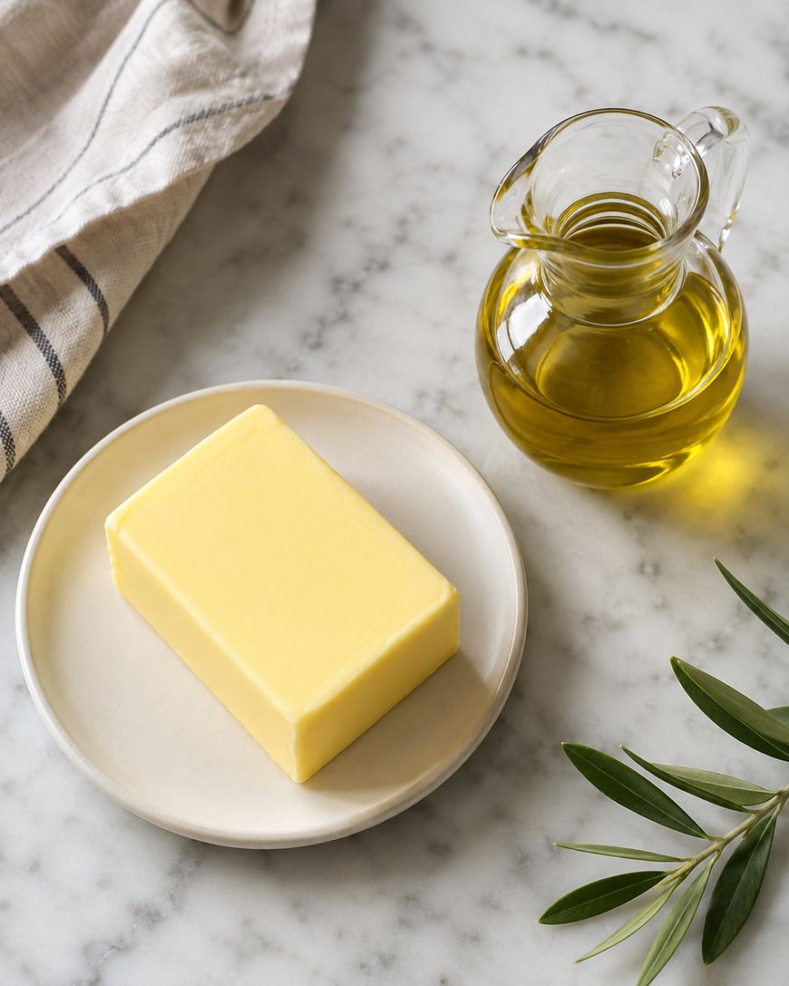 A rectangular block of butter on a round plate beside a glass jug of olive oil, set on a marble countertop with a striped cloth and olive leaves nearby.