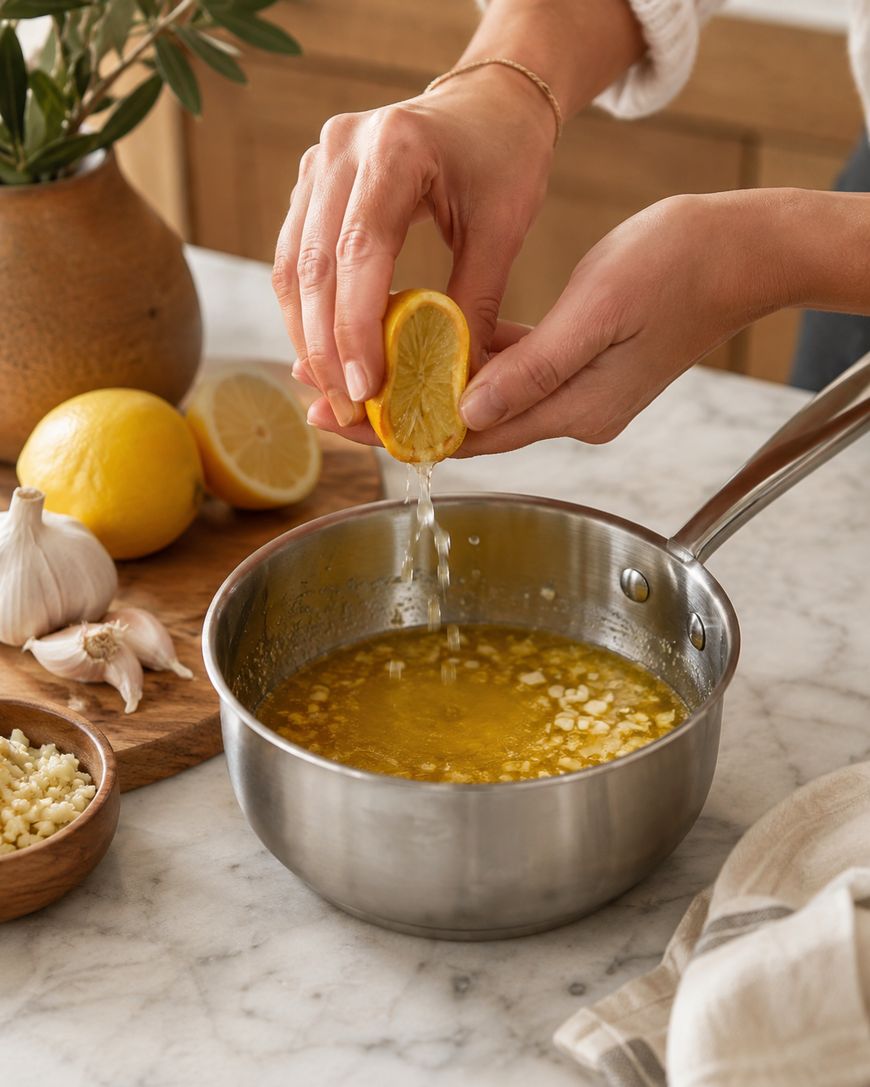 A person squeezes a lemon half over a saucepan filled with melted butter and minced garlic on a marble countertop, with whole lemons and garlic nearby.