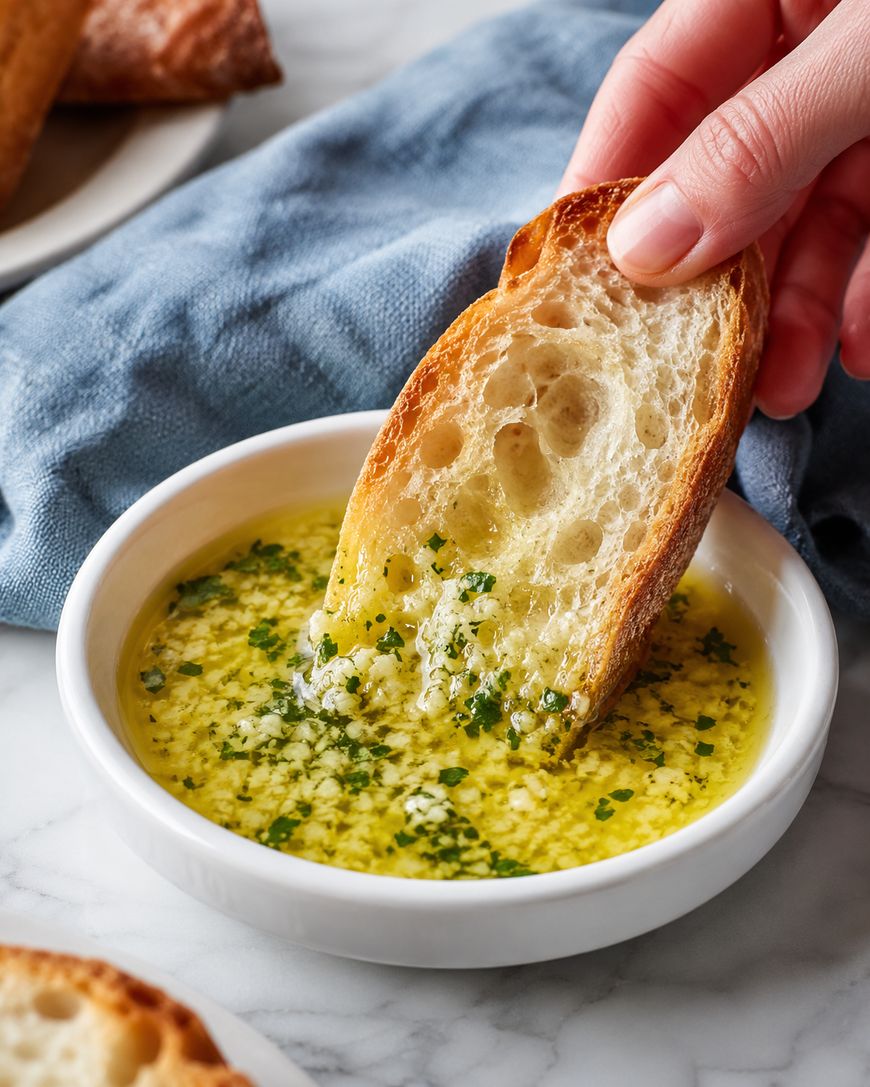 A hand dips a slice of crusty bread into a small white bowl filled with olive oil, herbs, and garlic. A blue napkin and more bread are visible in the background.