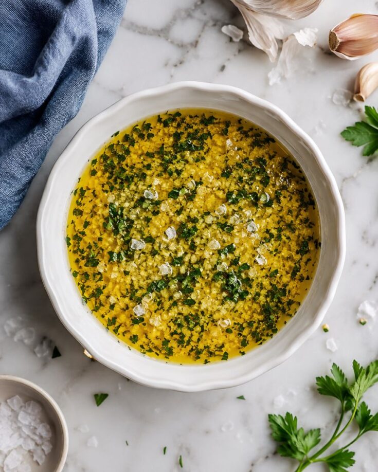 A white bowl filled with olive oil, minced garlic, chopped herbs, and coarse salt sits on a marble countertop near garlic cloves, parsley, a blue napkin, and a small dish of salt.