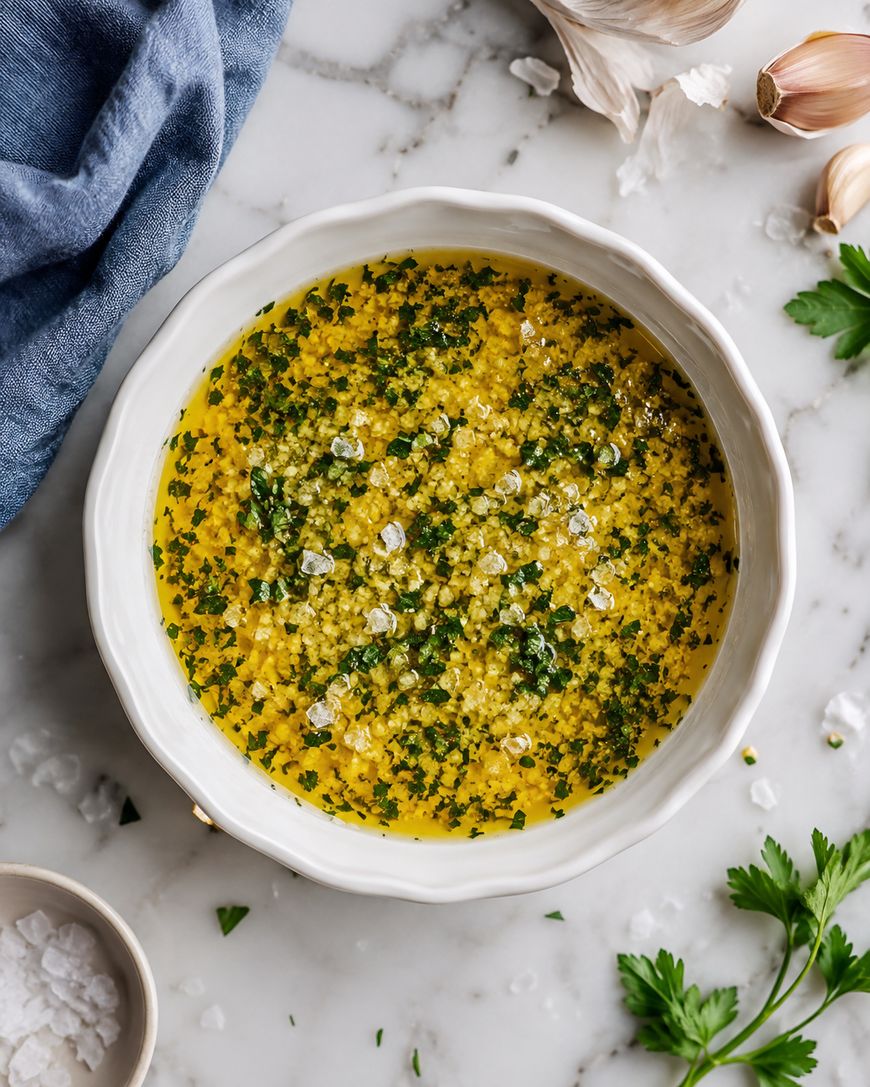 A white bowl filled with olive oil, minced garlic, chopped herbs, and coarse salt sits on a marble countertop near garlic cloves, parsley, a blue napkin, and a small dish of salt.