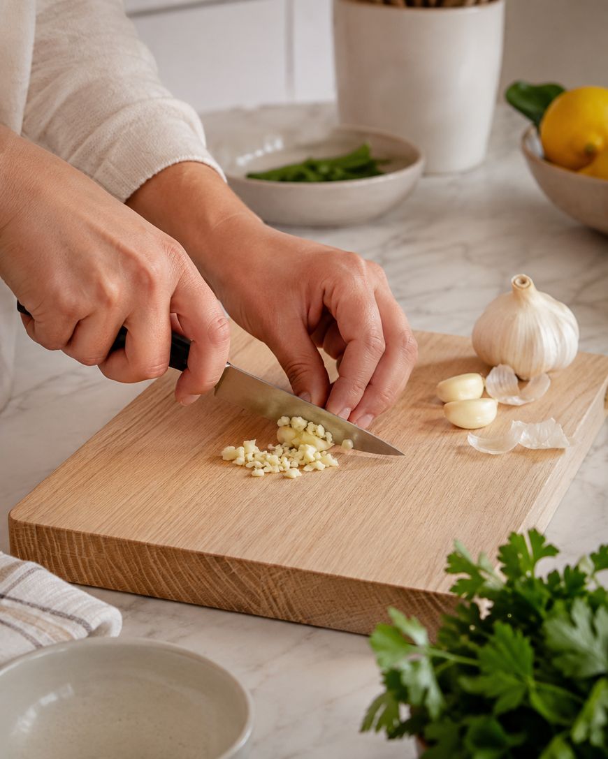 A person chops garlic on a wooden cutting board in a kitchen. Garlic cloves, parsley, a lemon, and bowls are nearby on a marble countertop.