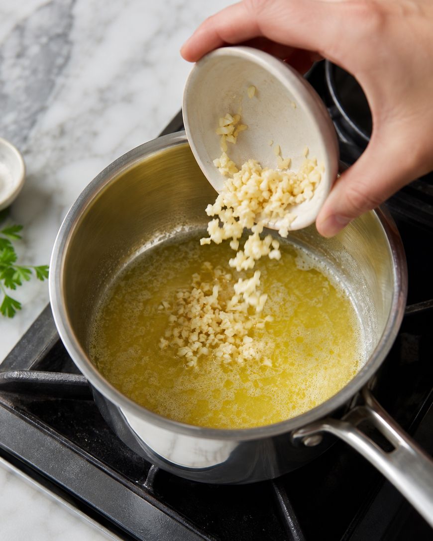 A hand pours minced garlic from a small bowl into a saucepan with melted butter on a stovetop.