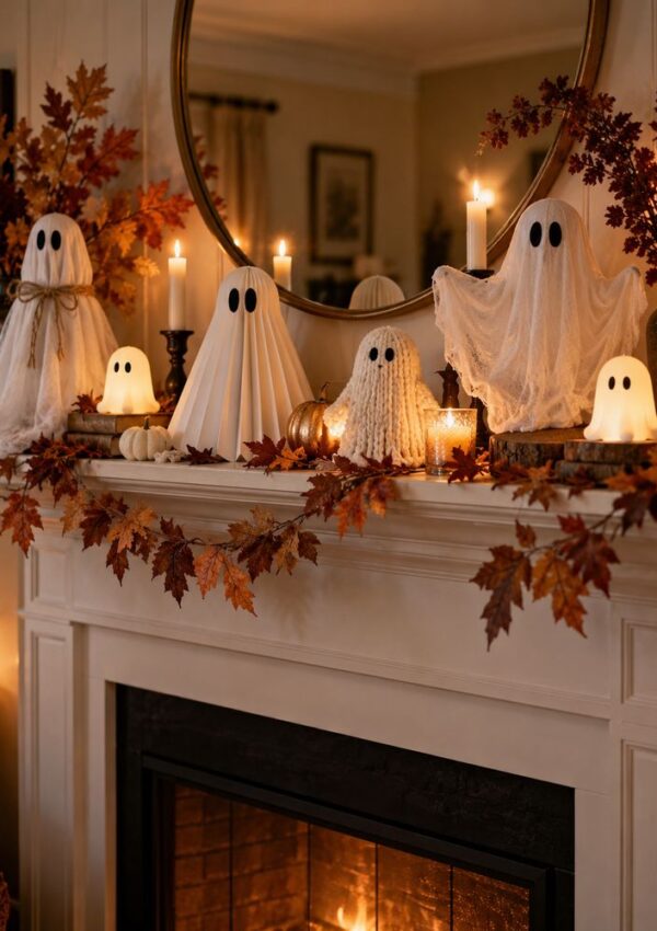 A fireplace mantel decorated with ghost figurines, candles, autumn leaves, and pumpkins below a round mirror, creating a cozy Halloween atmosphere.