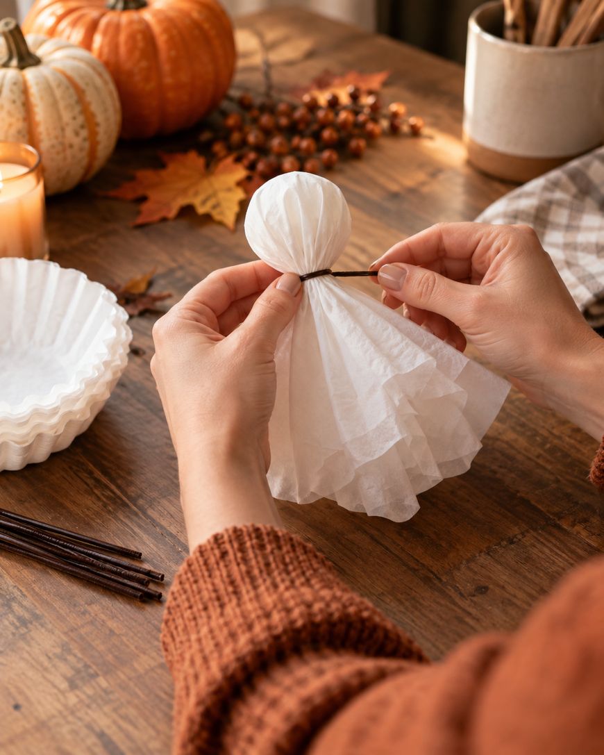 Hands making a ghost decoration using white coffee filters and a brown pipe cleaner, with autumn decor, pumpkins, and leaves on a wooden table in the background.