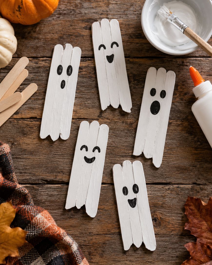 Five ghost crafts made of white-painted popsicle sticks with black marker faces are arranged on a wooden surface, surrounded by glue, a brush, pumpkins, and autumn leaves.