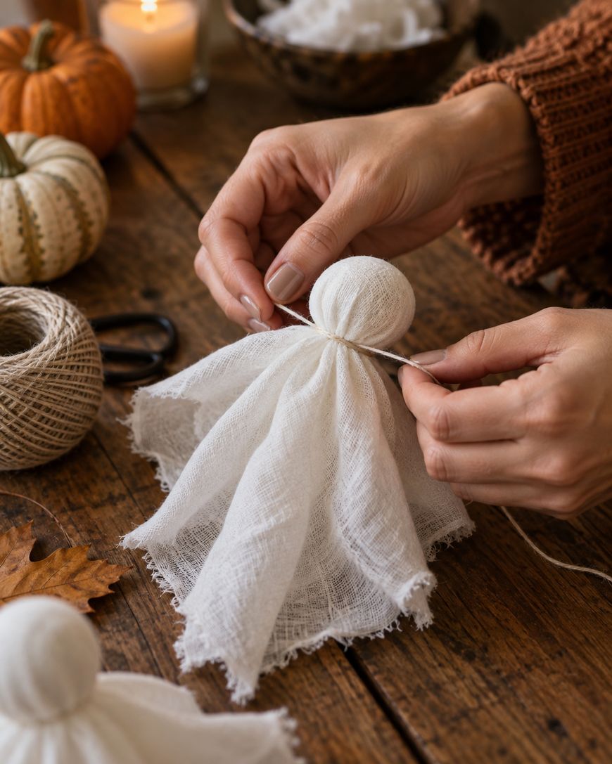 Hands tying string around a white gauze fabric to make a ghost decoration, with pumpkins, a candle, scissors, and twine on a rustic wooden table in the background.