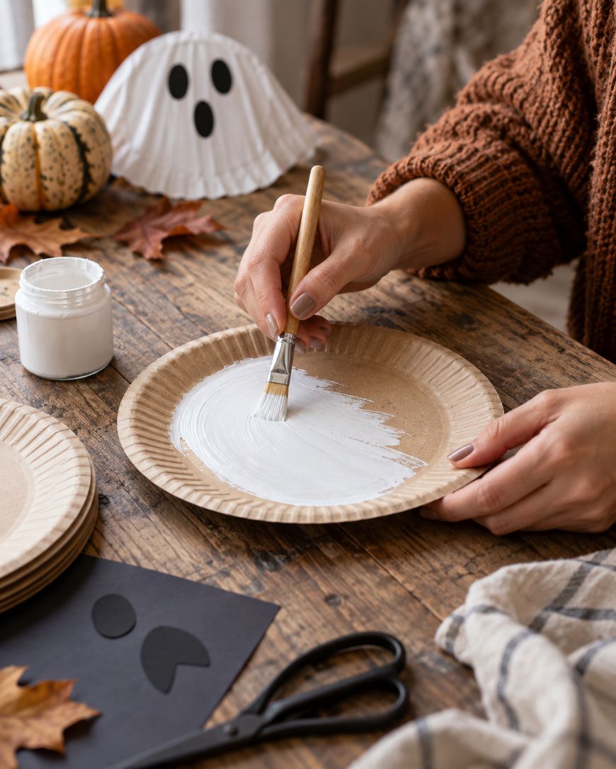 A person paints a paper plate white at a rustic table with craft supplies, pumpkins, and autumn leaves, creating a ghost decoration for Halloween.