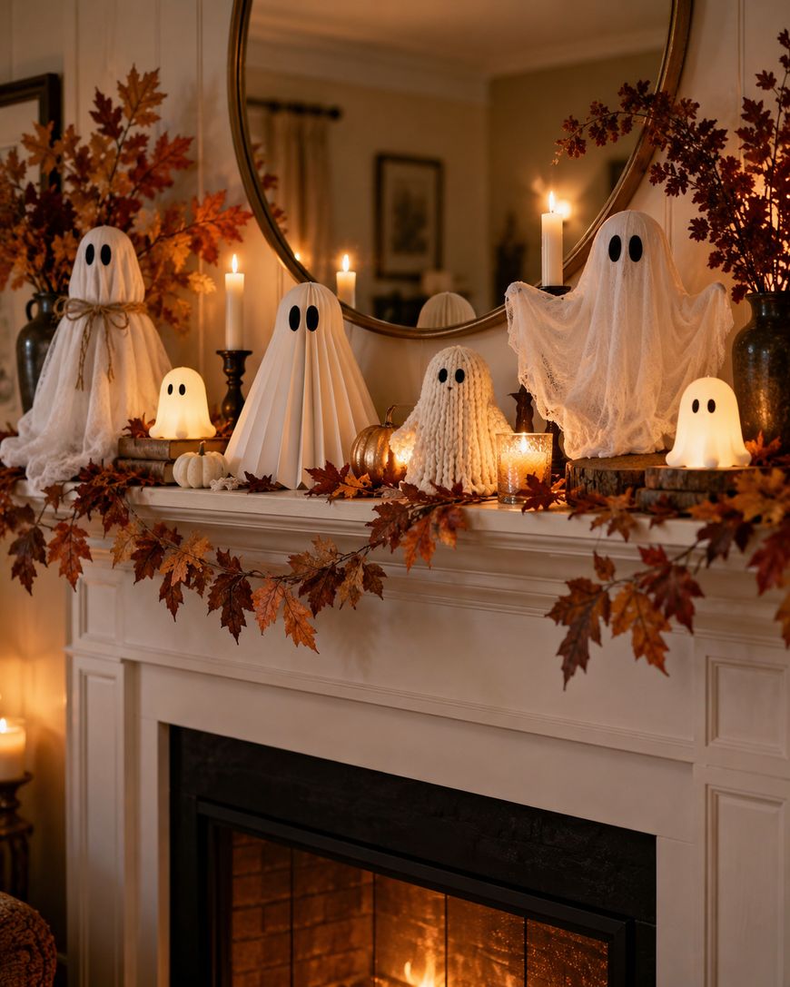 A fireplace mantel decorated with faux ghosts, candles, pumpkins, and autumn leaves. A large round mirror reflects the cozy, warmly lit room, creating a festive Halloween atmosphere.