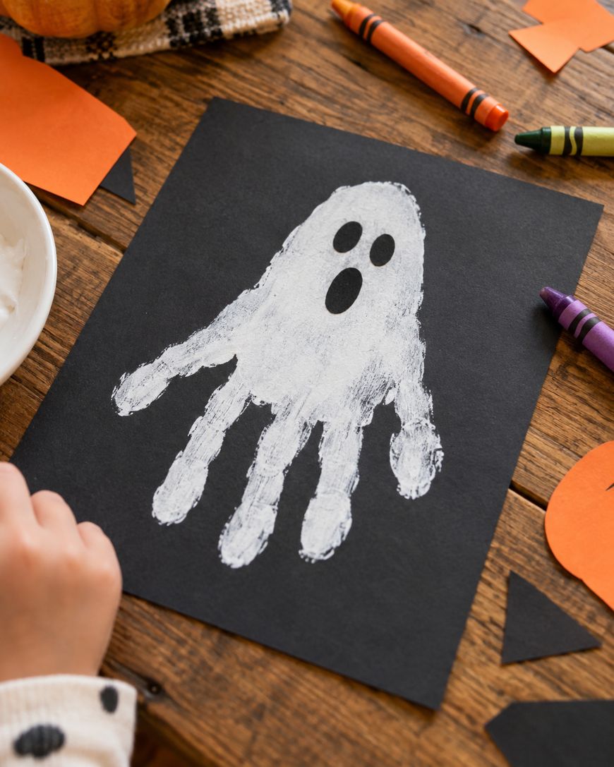 A childs hand-painted white ghost made from a handprint on black paper, with black eyes and mouth, sits on a wooden table with crayons and orange paper nearby.