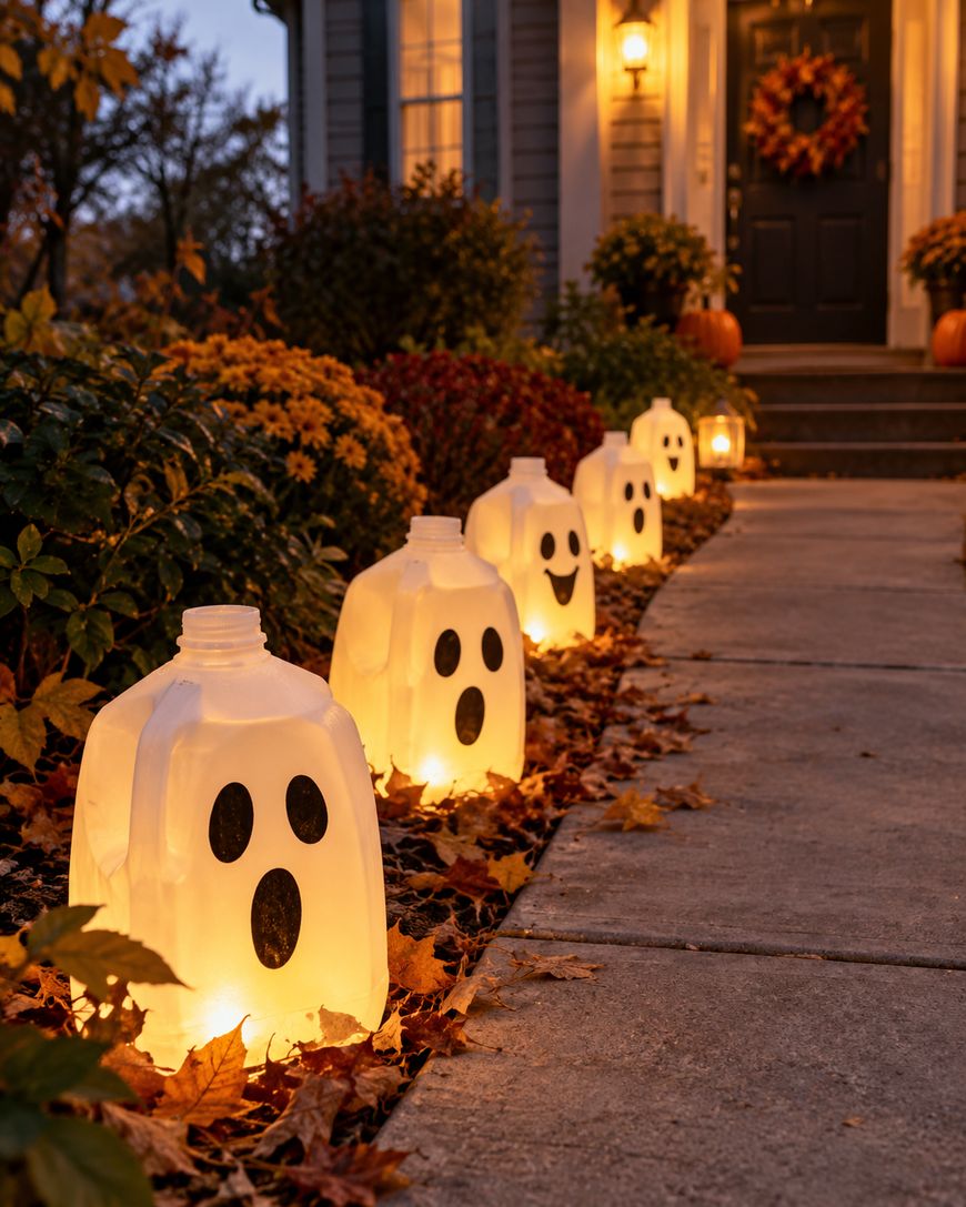 A row of glowing ghost decorations made from milk jugs lines a leaf-covered walkway leading to a house decorated for autumn with pumpkins and a fall wreath.