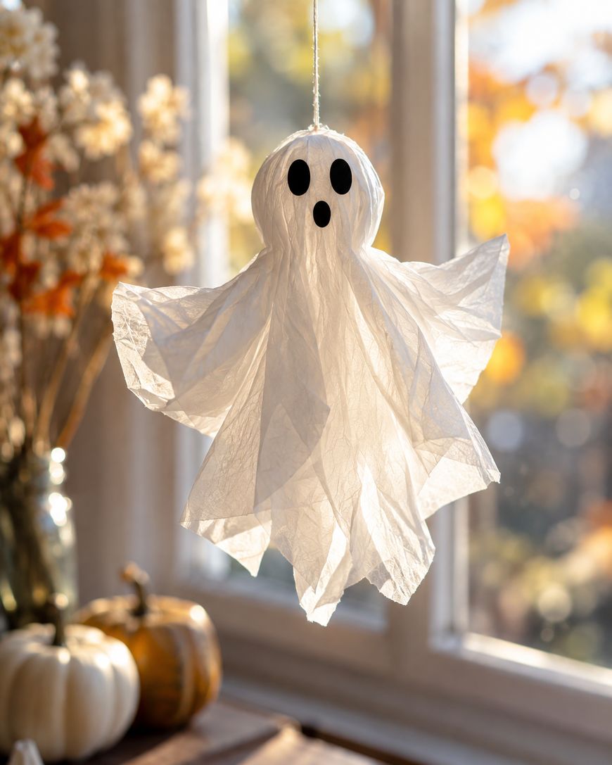A paper ghost decoration with black eyes and mouth hangs by a string near a sunlit window, with white flowers and pumpkins on the windowsill and autumn foliage visible outside.