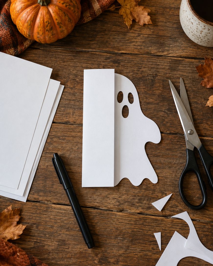 A ghost shape is cut from folded white paper on a wooden table, surrounded by scissors, a pen, blank paper, a pumpkin, and autumn leaves.