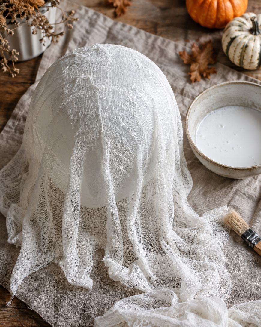 A bowl covered with gauze sits on a cloth, next to a bowl of white liquid and a paintbrush. Small pumpkins and dried leaves are in the background, suggesting a fall or Halloween craft activity.